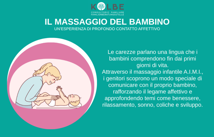 A chi è rivolto: Genitori con bambini da 0 a 12 mesi
Dove si svolge: Consultorio P.M. Kolbe di Bolzano e di Merano
Quando: Da metà ottobre 2026, 5 incontri settimanali di 1 ora e mezza
Costi: tessera associativa
Iscrizione: Bolzano: Tel 0471401959 - Email: bolzano@consultoriokolbe.it
Merano: Tel 0473233411 - Email: merano@consultoriokolbe.it
Conduzione del gruppo: Bolzano: Dott.ssa Silvia Fabretti, ostetrica
Merano: Dott.ssa Alexandra Bergamo, ostetrica