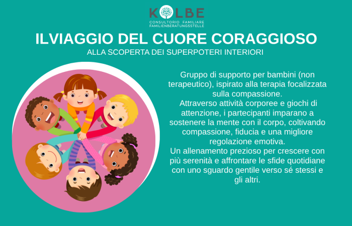 A chi è rivolto: Bambini dagli 8 agli 11 anni
Dove si svolge: Consultorio P.M. Kolbe di Laives, Via N. Sauro 20
Quando: 8 incontri bisettimanali da settembre 2026
Orario: dalle 14 alle 15.30
Costi: tessera associativa € 20
Iscrizione: tel 0471950600 - email: laives@consultoriokolbe.it
Conduzione del gruppo: Dott.ssa Consolati Michela, psicoterapeuta