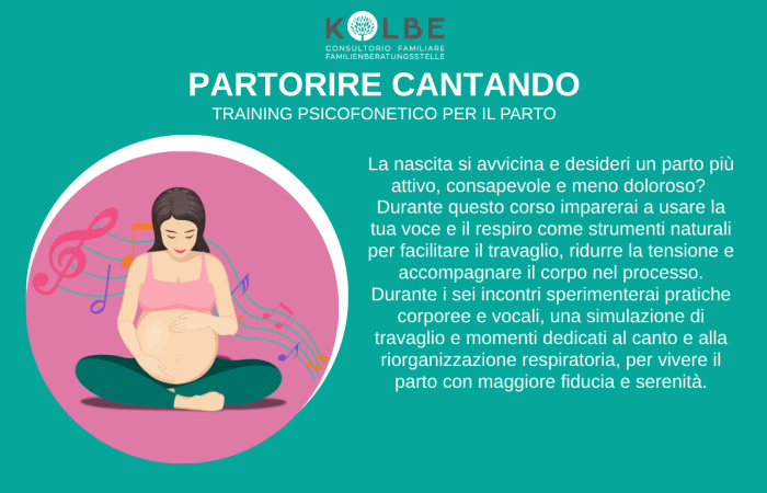 A chi è rivolto: Mamme nel terzo trimestre con gravidanza in salute
Dove si svolge: Consultorio P.M. Kolbe di Laives, Via N. Sauro 20
Quando: Lunedì 24/08, 31/08, 07/09, 14/09, 21/09 e 28/09
Orario: 17 - 18.30
Costi: tessera associativa € 20
Iscrizione: Telefono 0471950600 - Email: laives@consultoriokolbe.it
Conduzione del gruppo: Dott.ssa Valentina Piazzera, ostetrica formata al Metodo Training Psicofonetico per il Parto
di Elisa Benassi